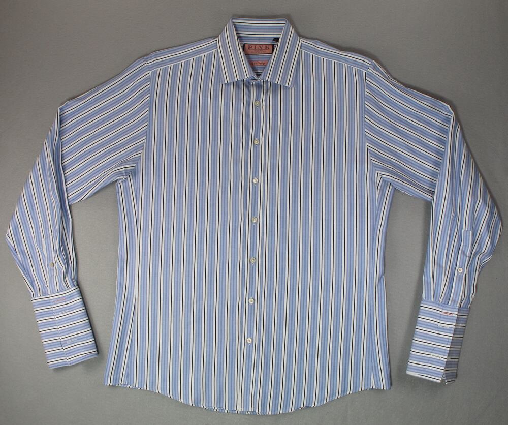 Thomas Pink Button Up Dress Shirt Mens 16 41 Striped Slim Fit